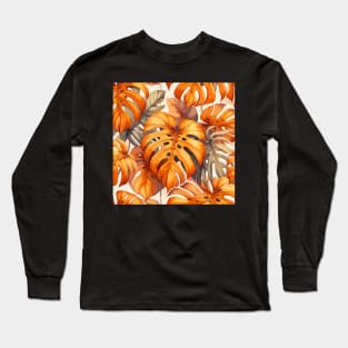 Orange Monstera Tropical Leaves Long Sleeve T-Shirt